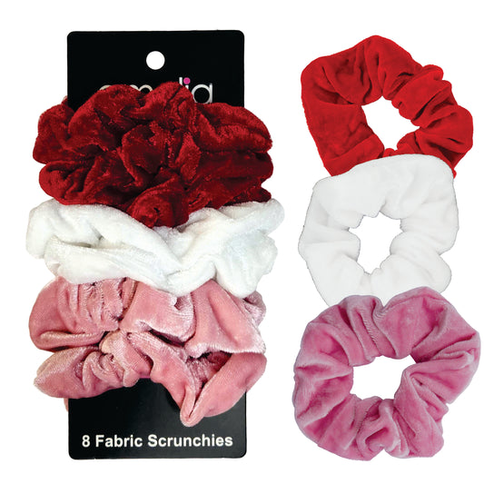 Amelia Beauty, Reds Mix Velvet Scrunchies, 3.5in Diameter, Gentle on Hair, Strong Hold, No Snag, No Dents or Creases. 8 Pack