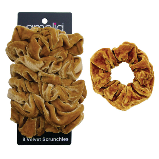 Amelia Beauty, Tan Velvet Scrunchies, 3.5in Diameter, Gentle on Hair, Strong Hold, No Snag, No Dents or Creases. 8 Pack