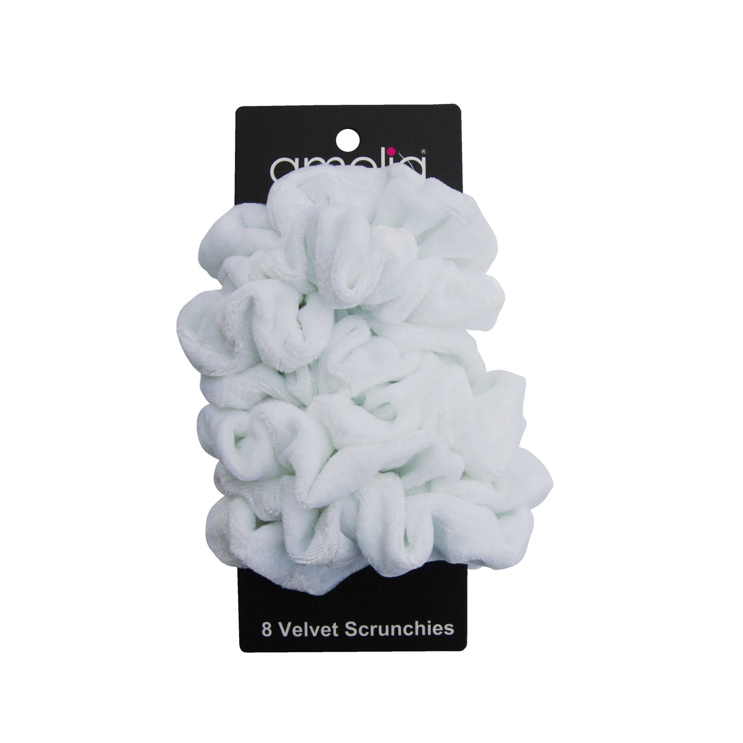 Amelia Beauty, White Velvet Scrunchies, 3.5in Diameter, Gentle on Hair, Strong Hold, No Snag, No Dents or Creases. 8 Pack