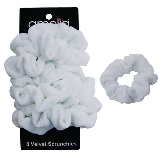 Amelia Beauty, White Velvet Scrunchies, 3.5in Diameter, Gentle on Hair, Strong Hold, No Snag, No Dents or Creases. 8 Pack