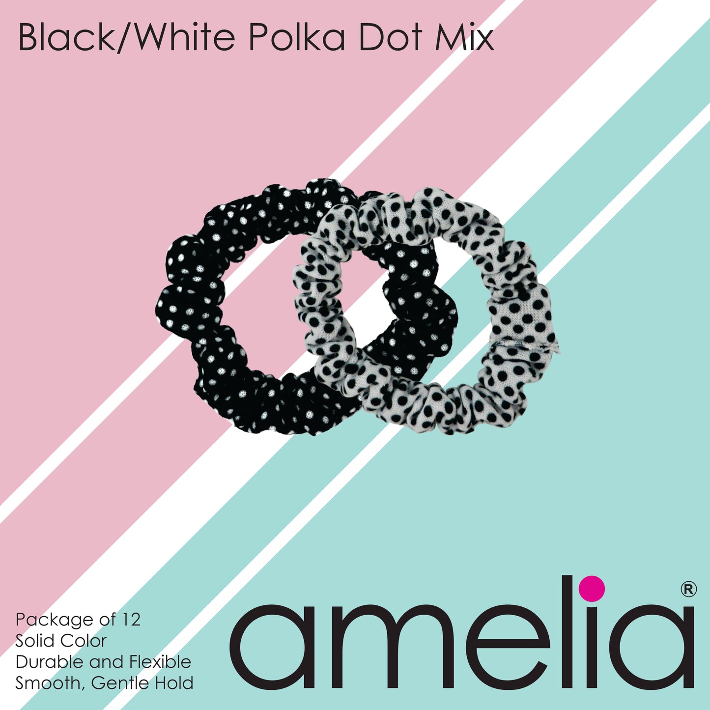 Amelia Beauty, Black and White Polka Dot Mix Jersey Scrunchies, 2.25in Diameter, Gentle on Hair, Strong Hold, No Snag, No Dents or Creases. 12 Pack