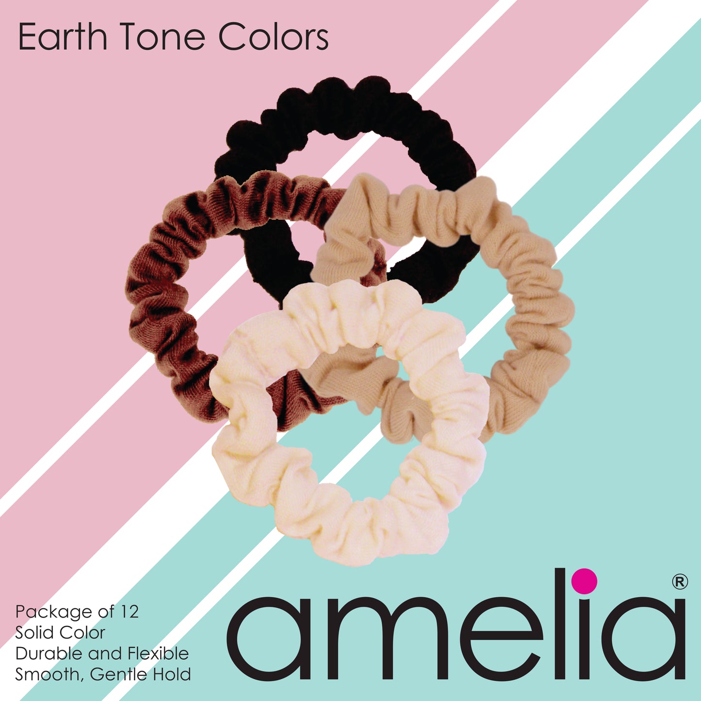 Amelia Beauty, Earth Mix Jersey Scrunchies, 2.25in Diameter, Gentle on Hair, Strong Hold, No Snag, No Dents or Creases. 12 Pack