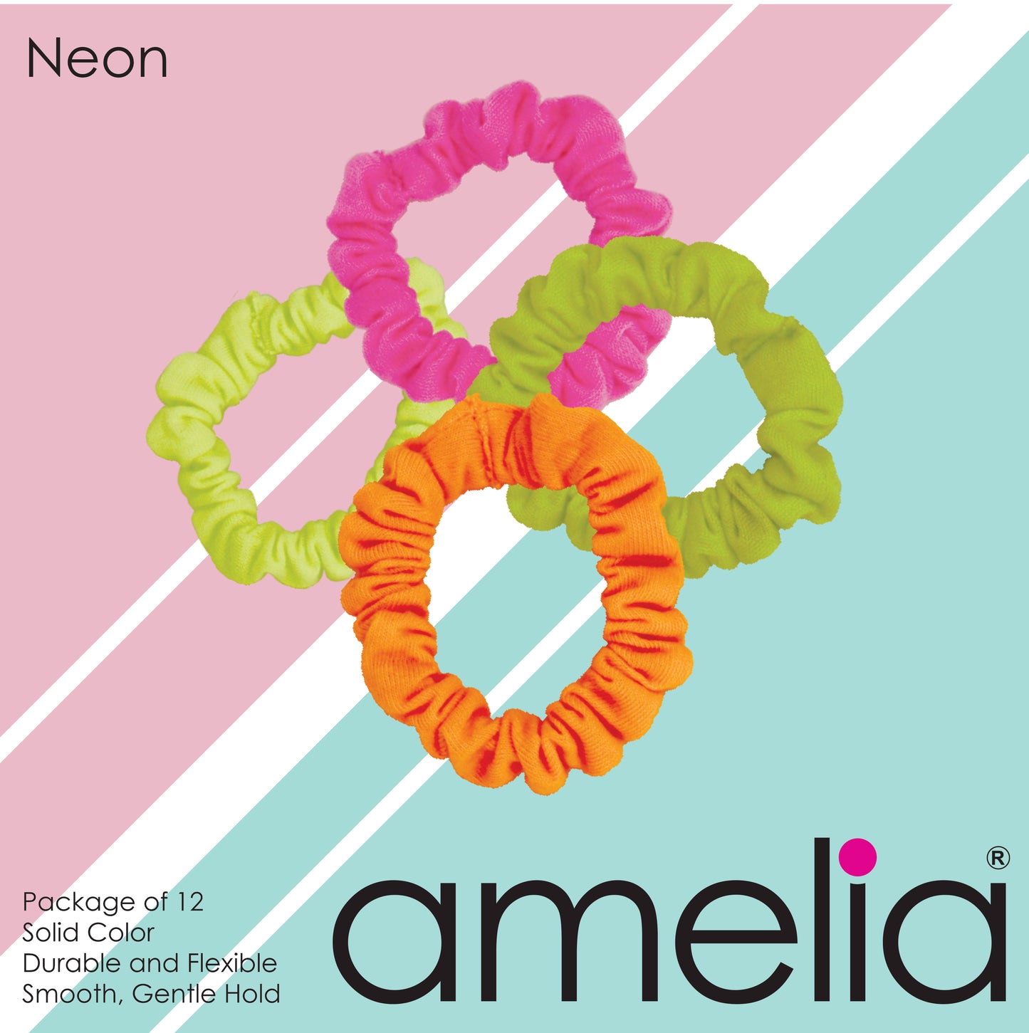 Amelia Beauty, Neon Mix Jersey Scrunchies, 2.25in Diameter, Gentle on Hair, Strong Hold, No Snag, No Dents or Creases. 12 Pack