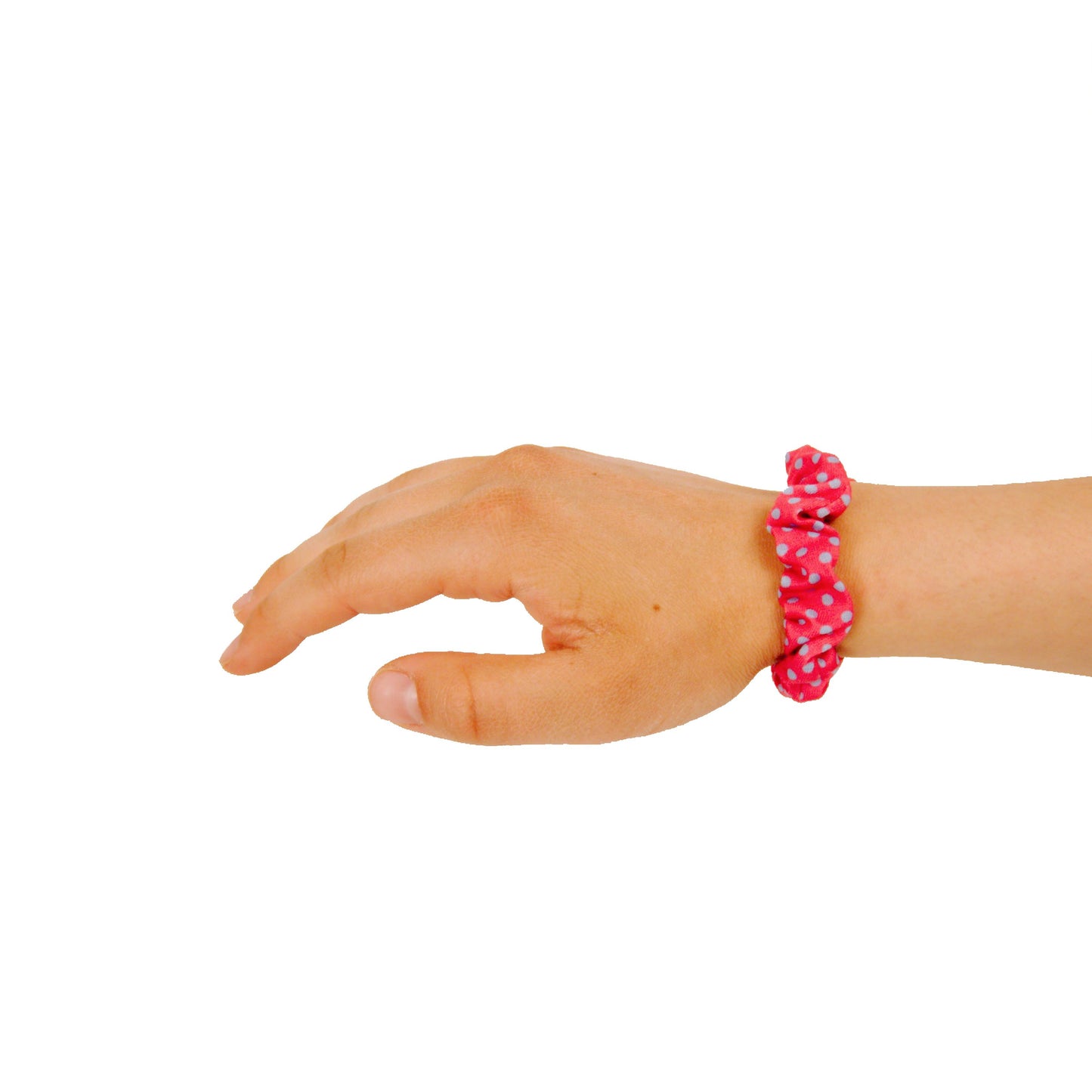 Amelia Beauty, Medium Pink with Blue Polka Dot Jersey Scrunchies, 2.5in Diameter, Gentle on Hair, Strong Hold, No Snag, No Dents or Creases. 10 Pack