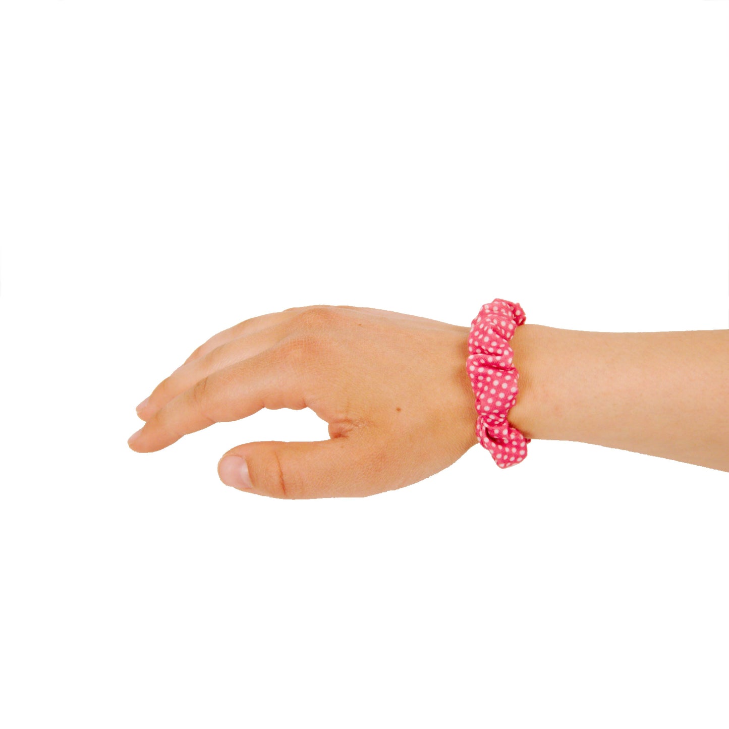 Amelia Beauty, Medium Pink with White Polka Dot Jersey Scrunchies, 2.5in Diameter, Gentle on Hair, Strong Hold, No Snag, No Dents or Creases. 10 Pack