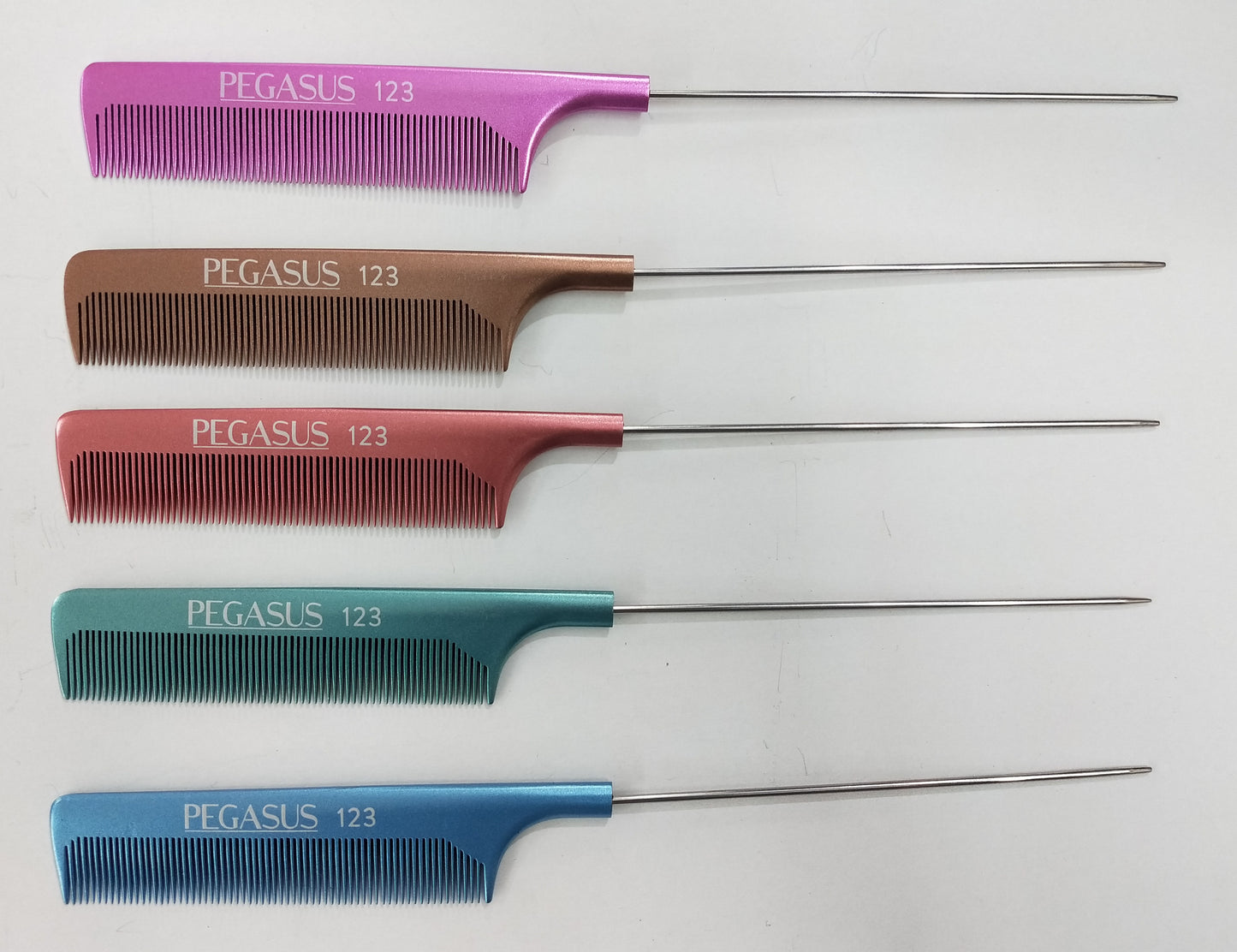 Pegasus MICOLOR 123, 9.75in Hard Rubber Fine Tooth Pintail Comb, Seamless, Anti Static, Heat and Chemically Resistant, Stainless Steel Pin, Great for Parting, Coloring Hair | Peines de goma dura - Copper