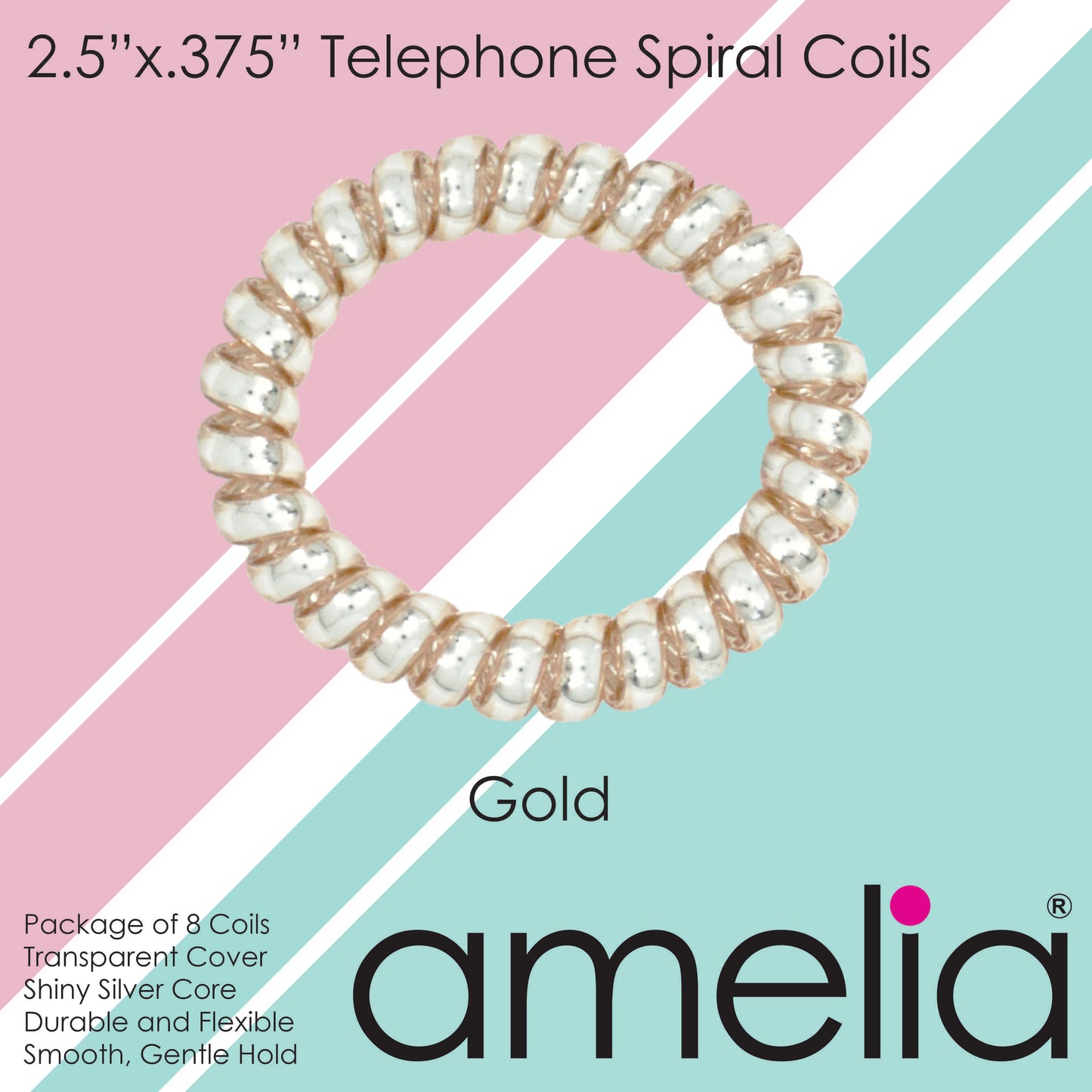 Amelia Beauty Products 8 Large Smooth Shiny Center Elastic Hair Coils, 2. 5in Diameter Thick Spiral Hair Ties, Gentle on Hair, Strong Hold and Minimizes Dents and Creases, Gold
