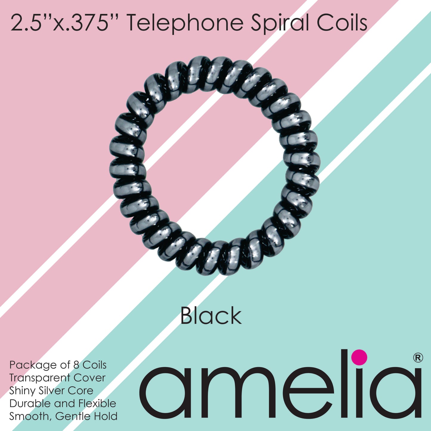 Amelia Beauty Products 8 Large Smooth Shiny Center Elastic Hair Coils, 2. 5in Diameter Thick Spiral Hair Ties, Gentle on Hair, Strong Hold and Minimizes Dents and Creases, Black