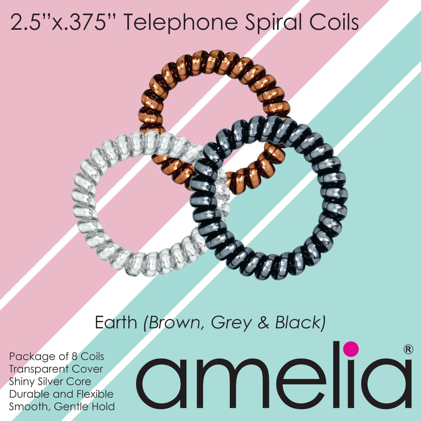 Amelia Beauty Products 8 Large Smooth Shiny Center Elastic Hair Coils, 2. 5in Diameter Thick Spiral Hair Ties, Gentle on Hair, Strong Hold and Minimizes Dents and Creases, Brown, Gray and Black Mix