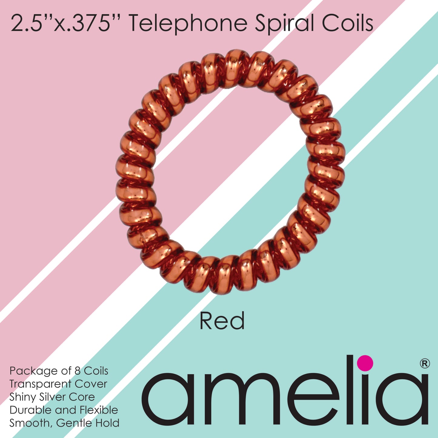 Amelia Beauty Products 8 Large Smooth Shiny Center Elastic Hair Coils, 2. 5in Diameter Thick Spiral Hair Ties, Gentle on Hair, Strong Hold and Minimizes Dents and Creases, Red