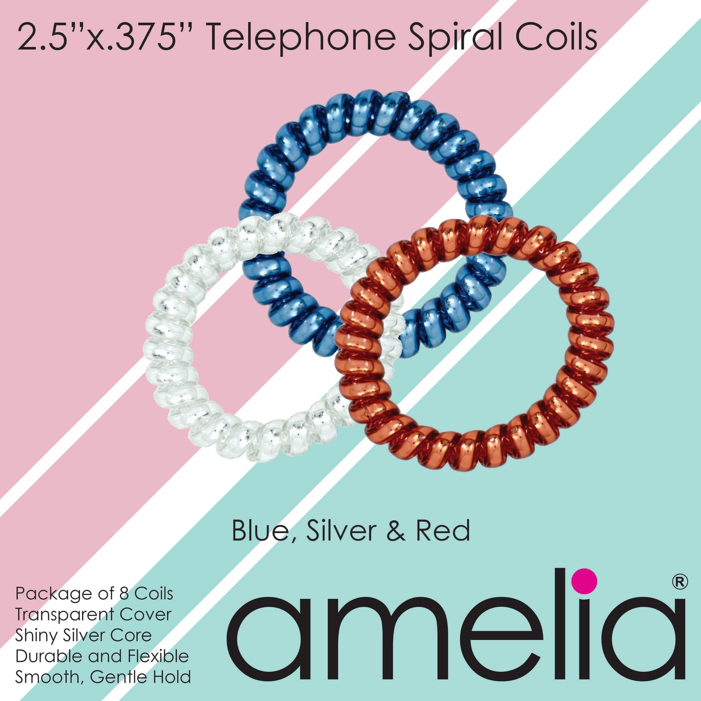 Amelia Beauty Products 8 Large Smooth Shiny Center Elastic Hair Coils, 2. 5in Diameter Thick Spiral Hair Ties, Gentle on Hair, Strong Hold and Minimizes Dents and Creases, Blue, Silver and Red Mix