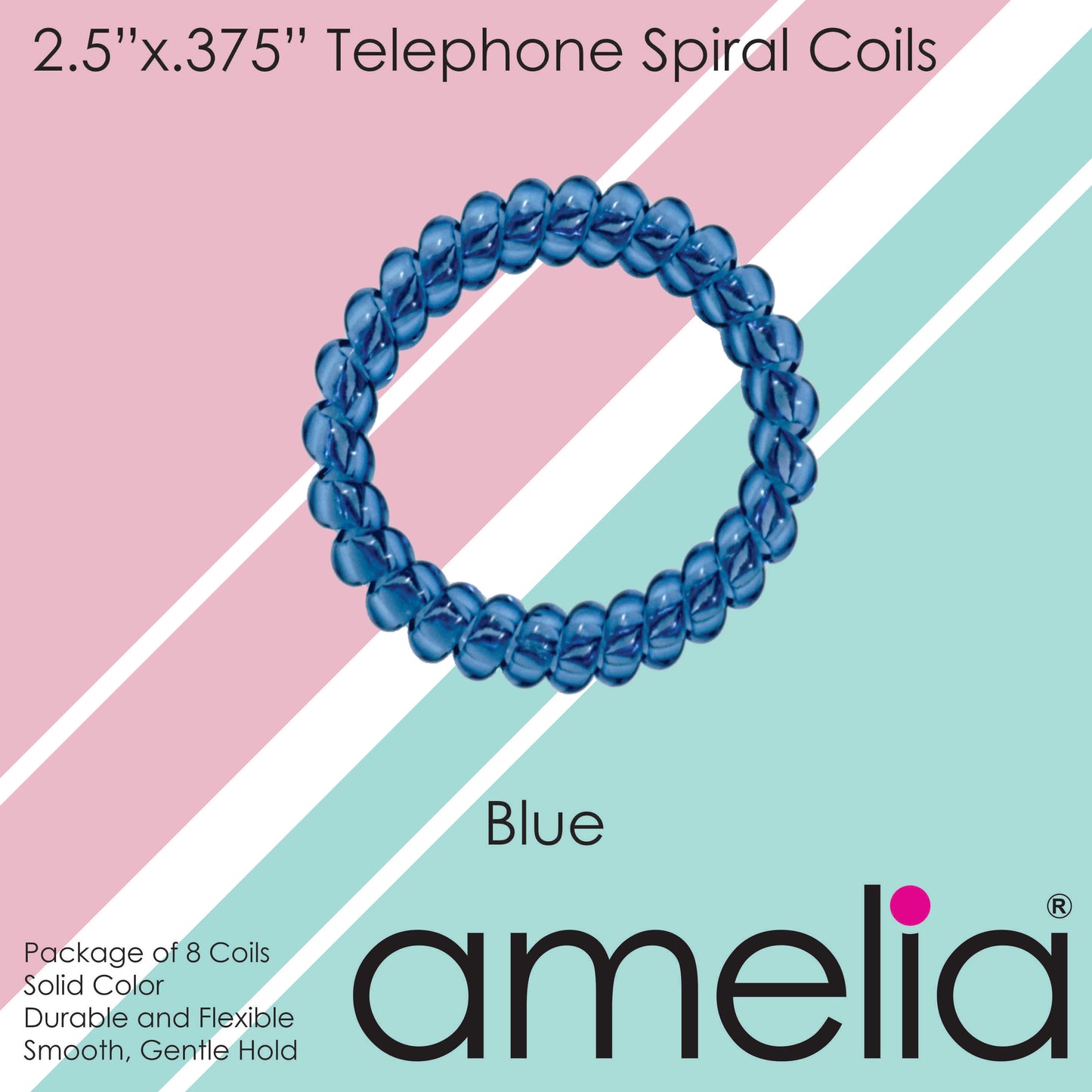 Amelia Beauty Products 8 Large Smooth Elastic Hair Coils, 2. 5in Diameter Thick Spiral Hair Ties, Gentle on Hair, Strong Hold and Minimizes Dents and Creases, Blue