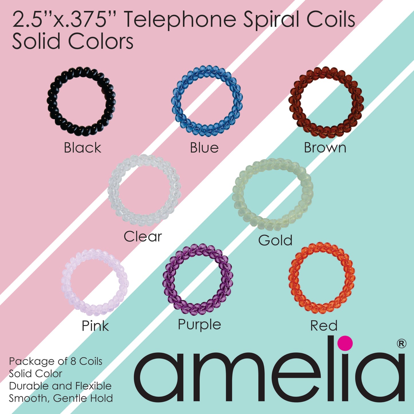 Amelia Beauty Products 8 Large Smooth Elastic Hair Coils, 2. 5in Diameter Thick Spiral Hair Ties, Gentle on Hair, Strong Hold and Minimizes Dents and Creases, Coral Tones