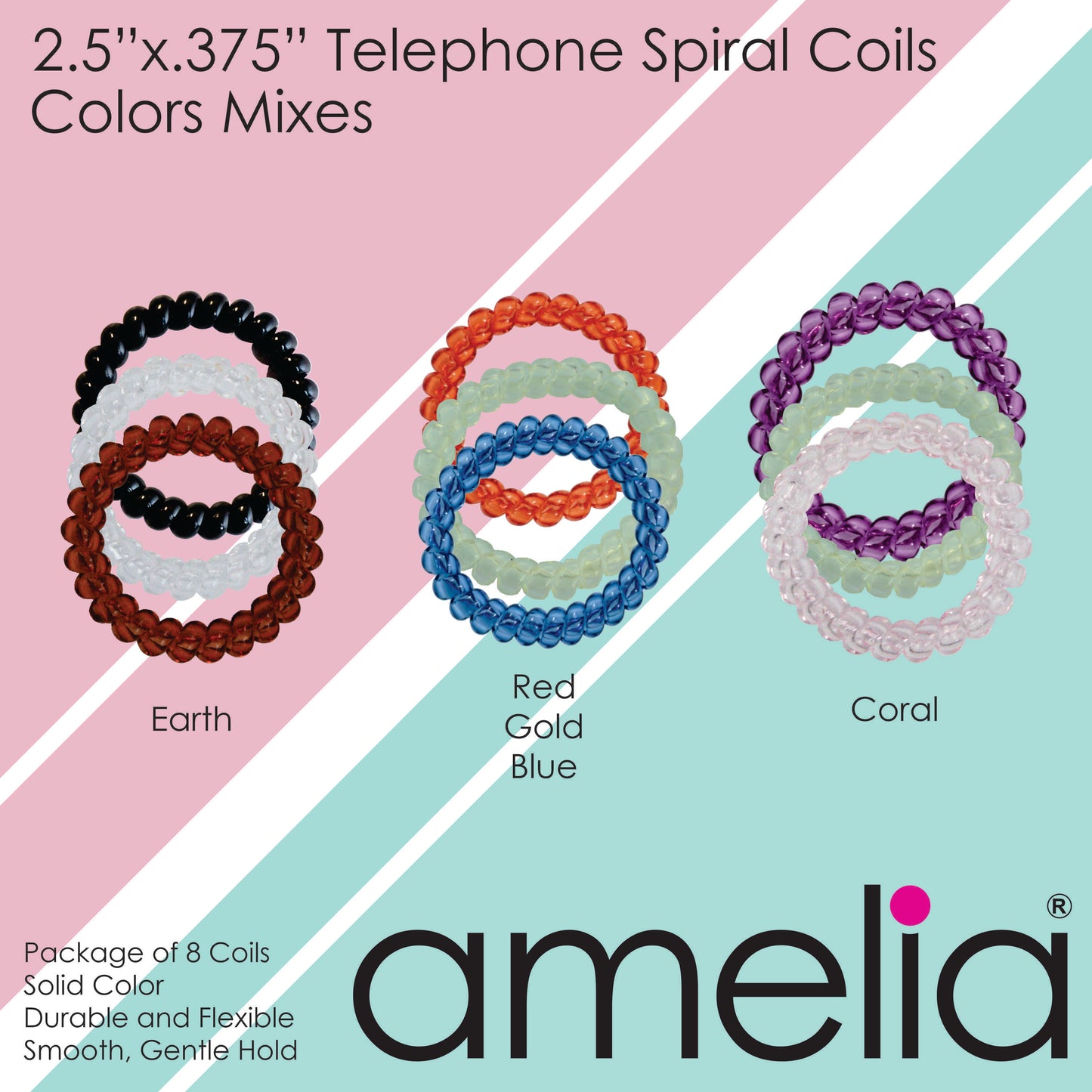 Amelia Beauty Products 8 Large Smooth Elastic Hair Coils, 2. 5in Diameter Thick Spiral Hair Ties, Gentle on Hair, Strong Hold and Minimizes Dents and Creases, Purple
