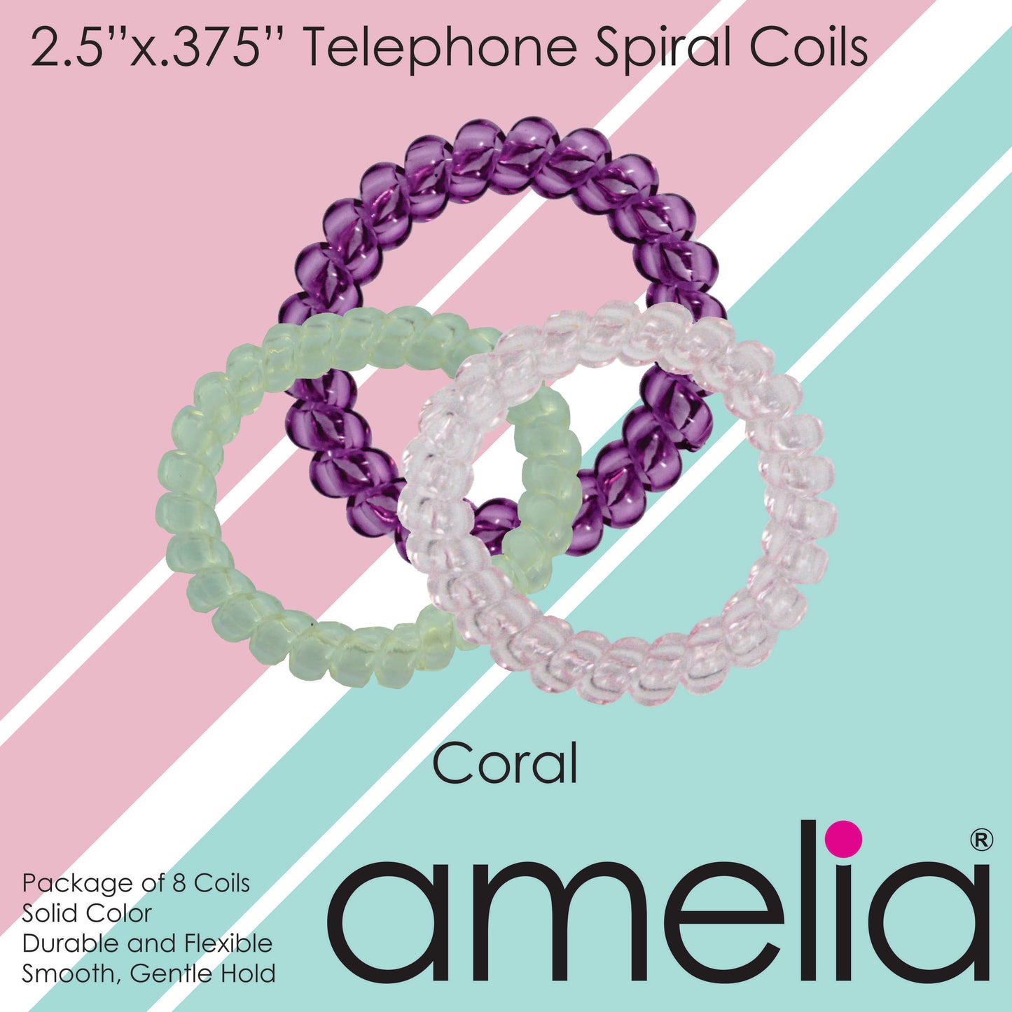 Amelia Beauty Products 8 Large Smooth Elastic Hair Coils, 2. 5in Diameter Thick Spiral Hair Ties, Gentle on Hair, Strong Hold and Minimizes Dents and Creases, Coral Tones