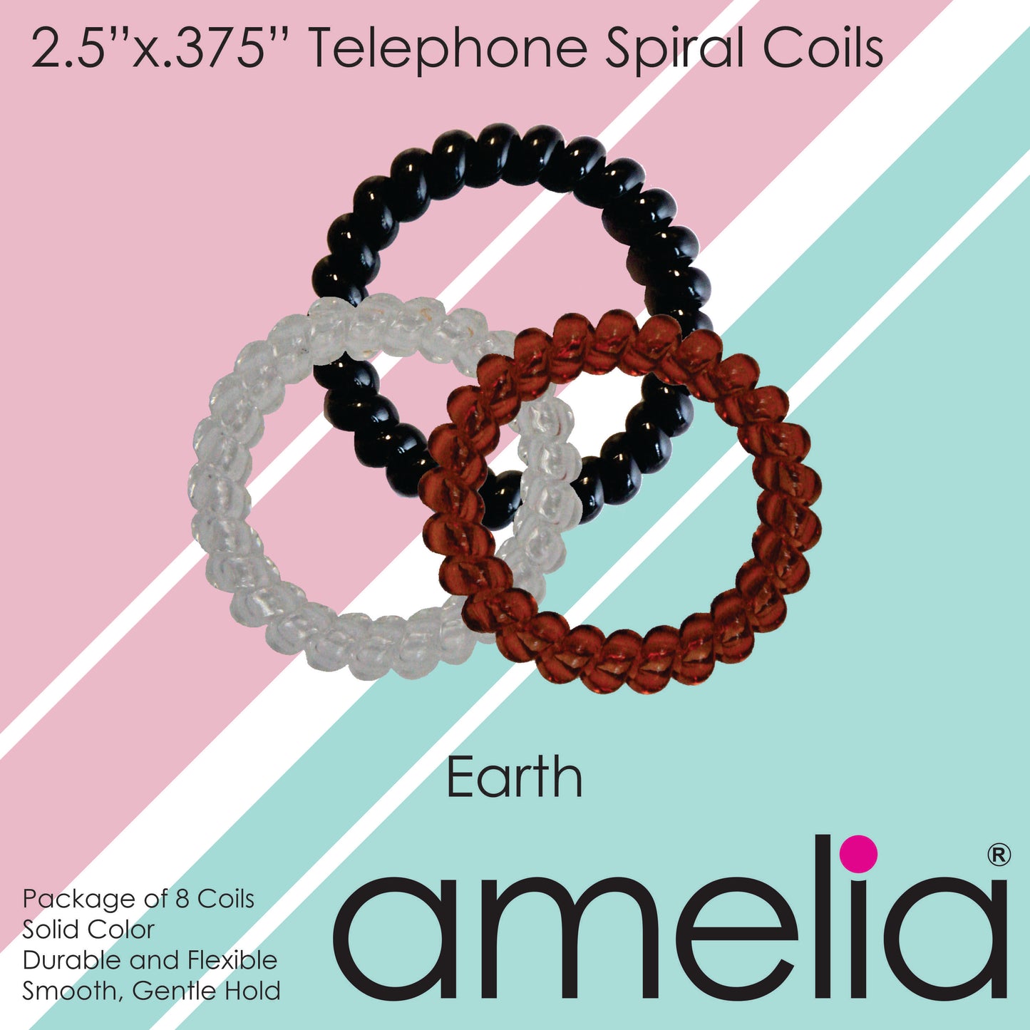 Amelia Beauty Products 8 Large Smooth Elastic Hair Coils, 2. 5in Diameter Thick Spiral Hair Ties, Gentle on Hair, Strong Hold and Minimizes Dents and Creases, Earth Tones