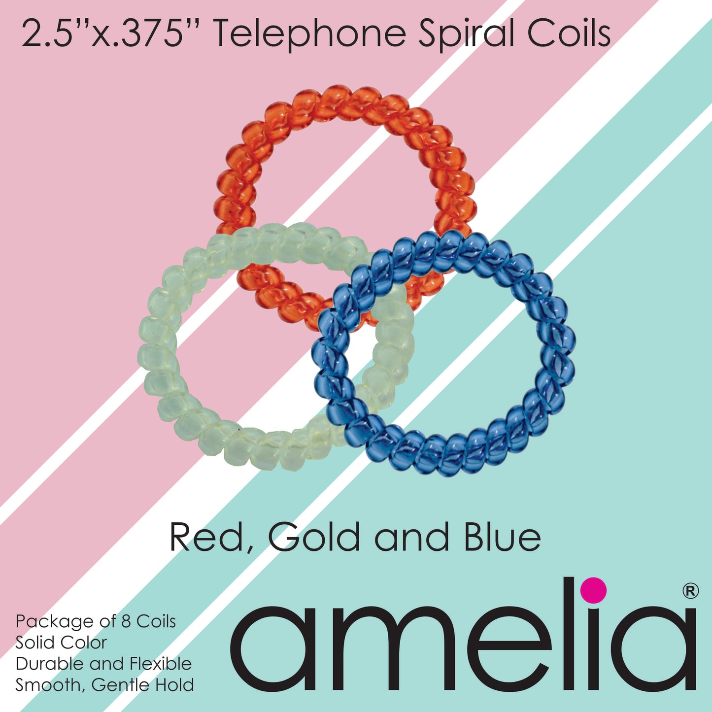 Amelia Beauty Products 8 Large Smooth Elastic Hair Coils, 2. 5in Diameter Thick Spiral Hair Ties, Gentle on Hair, Strong Hold and Minimizes Dents and Creases, Red, Gold and Blue