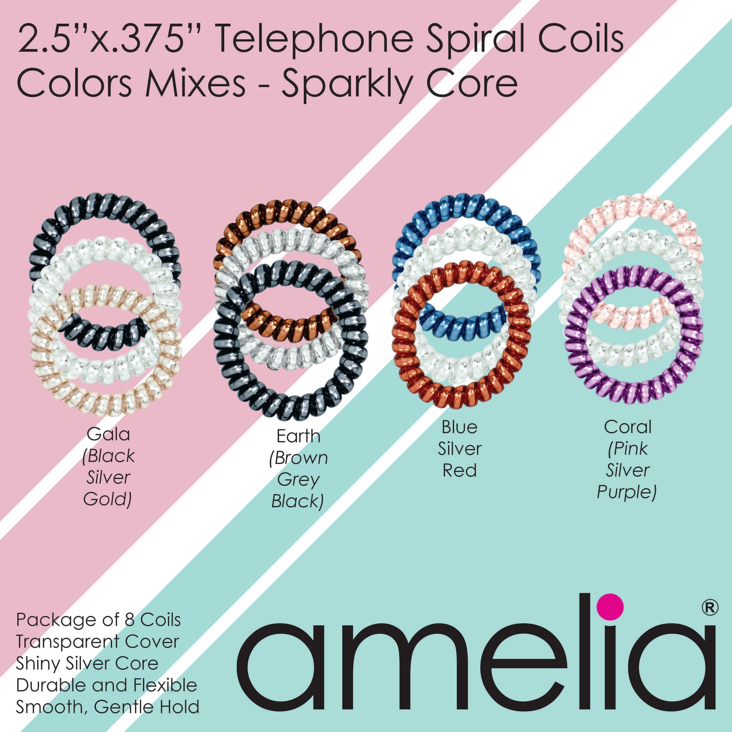 Amelia Beauty Products 8 Large Smooth Shiny Center Elastic Hair Coils, 2. 5in Diameter Thick Spiral Hair Ties, Gentle on Hair, Strong Hold and Minimizes Dents and Creases, Pink