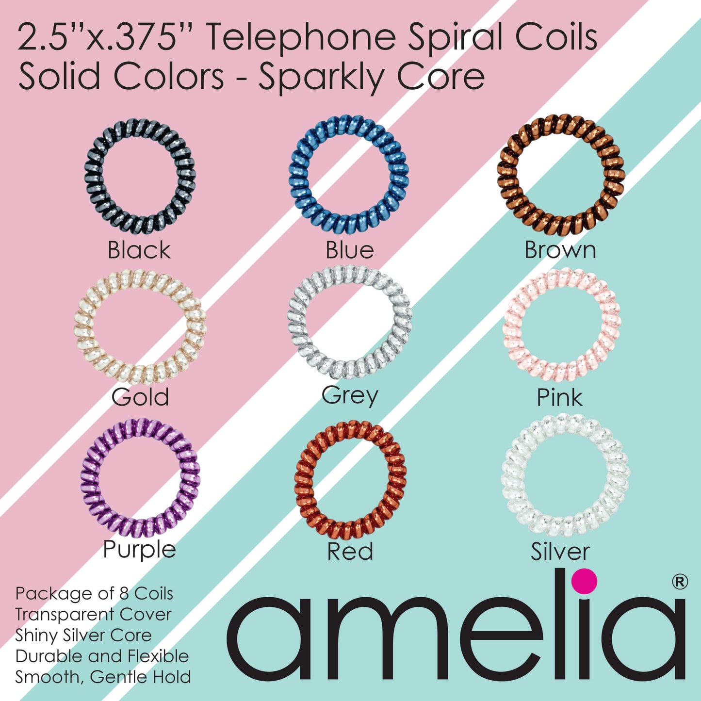 Amelia Beauty Products 8 Large Smooth Shiny Center Elastic Hair Coils, 2. 5in Diameter Thick Spiral Hair Ties, Gentle on Hair, Strong Hold and Minimizes Dents and Creases, Pink