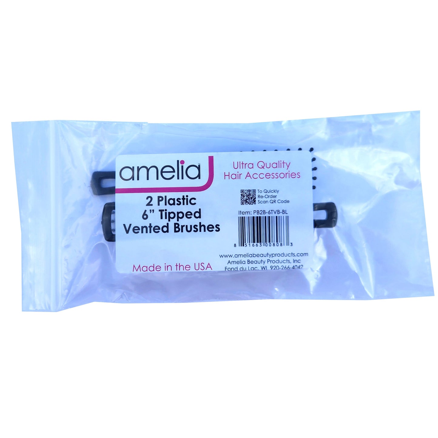 Amelia Beauty 6" Tipped Vented Hair Brush, 2 Pack – Fast Drying, Detangling & Volume Styling – Made in USA