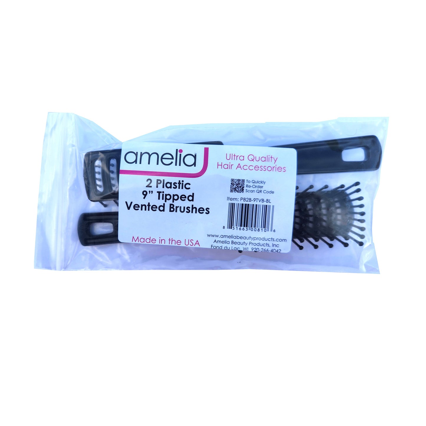 Amelia Beauty 9" Tipped Vented Hair Brush, 2 Pack – Fast Drying, Detangling & Volume Styling – Made in USA