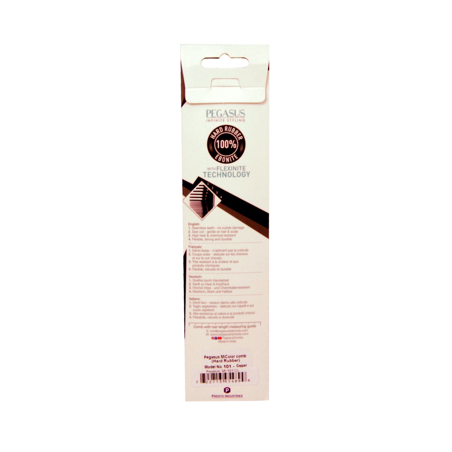 Pegasus MICOLOR 101, 8in Hard Rubber Fine Tooth Rat Tail Comb, Handmade, Seamless, Smooth Edges, Anti Static, Heat and Chemically Resistant, Great for Parting, Coloring Hair | Peines de goma dura - Copper