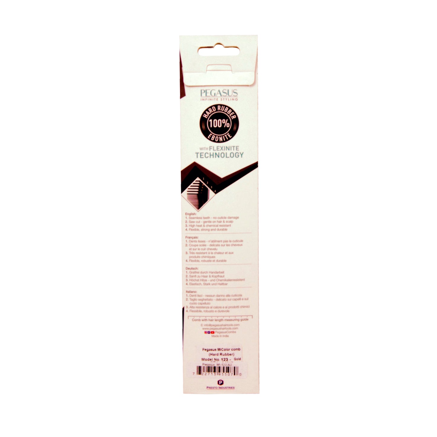 Pegasus MICOLOR 123, 9.75in Hard Rubber Fine Tooth Pintail Comb, Seamless, Anti Static, Heat and Chemically Resistant, Stainless Steel Pin, Great for Parting, Coloring Hair | Peines de goma dura - Gold