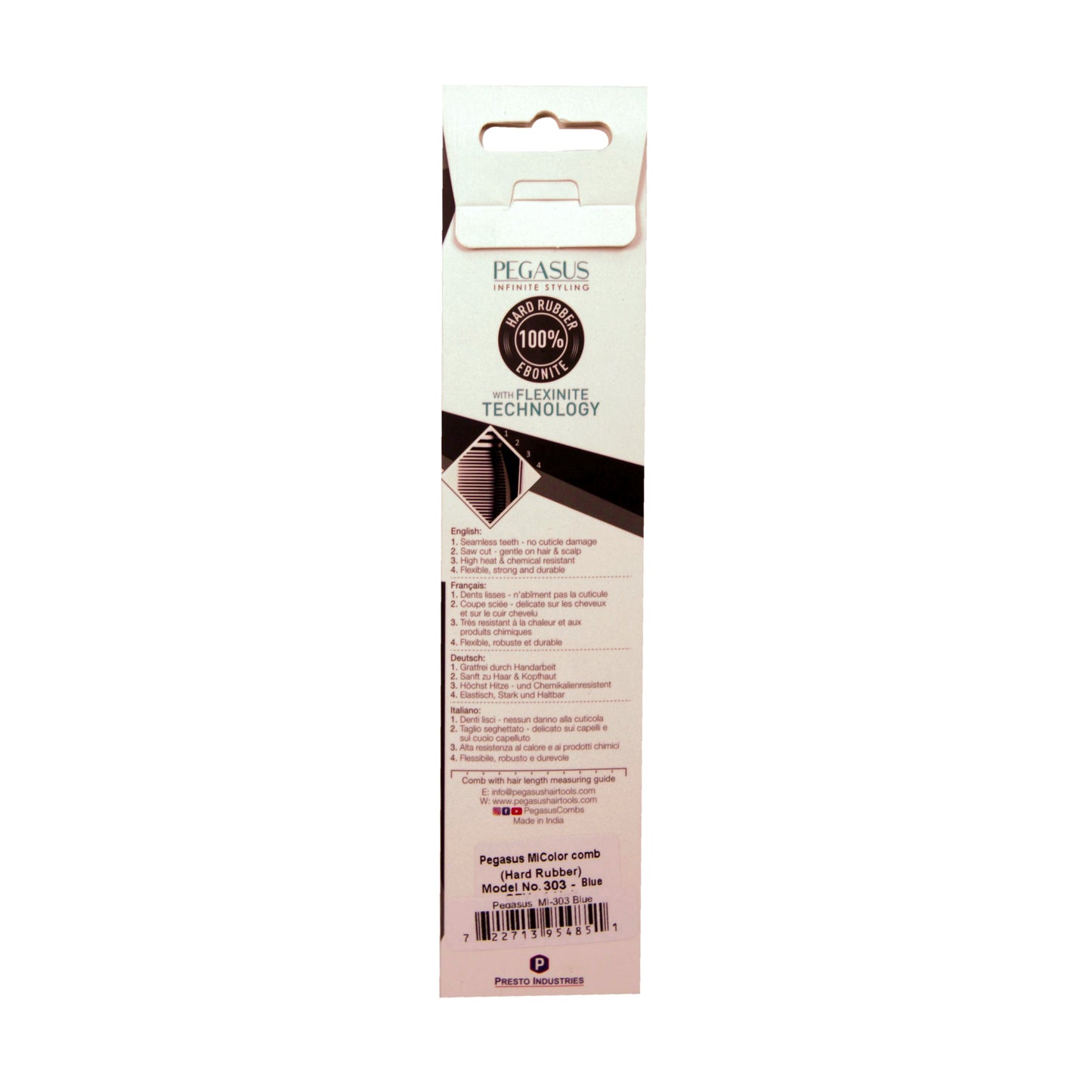 Pegasus MICOLOR 303, 6.5in Hard Rubber Heavy Barber Comb, Handmade, Seamless, Smooth Edges, Anti Static, Heat and Chemically Resistant, Wet Hair, Everyday Grooming Comb | Peines de goma dura - Green