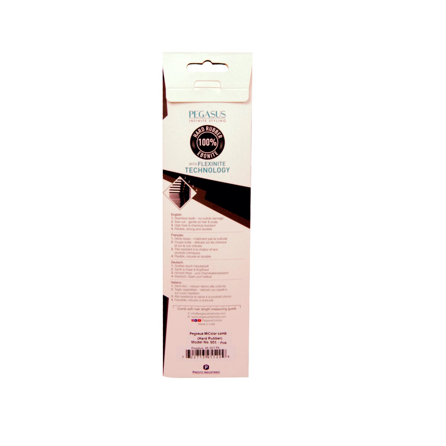 Pegasus MICOLOR 501, 9in Hard Rubber Handle Comb, Handmade, Seamless, Smooth Edges, Anti Static, Heat and Chemically Resistant, Wet Hair, Everyday Grooming Comb | Peines de goma dura - Pink