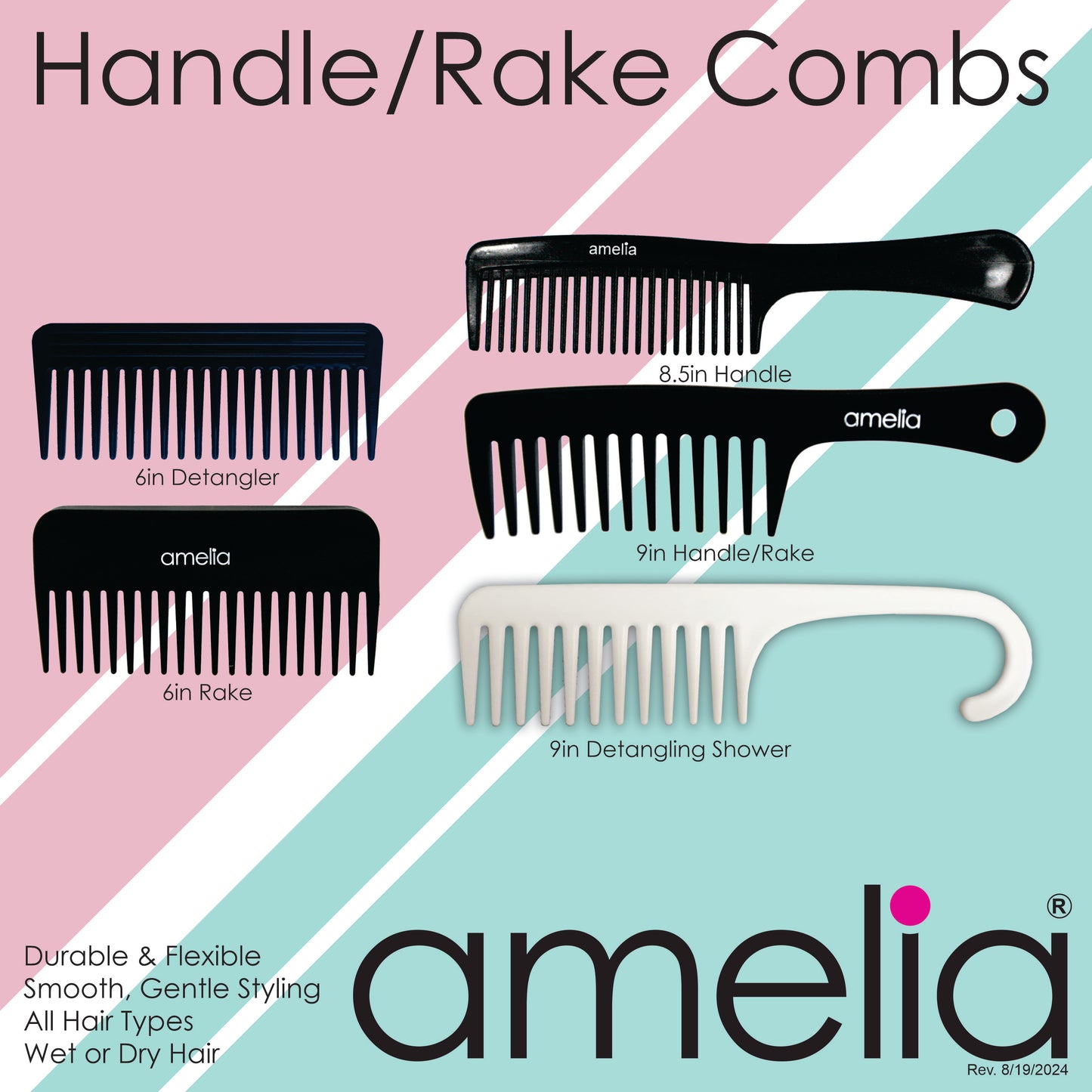 Amelia Beauty, 9in Black Plastic Handle Rake Comb, Professional Grade Hair Comb, Combing Out Long Thick Hair, Wet or Dry, Everyday Styling Cutting Hair Styling Tool, 9.5"x2.25", 2 Pack