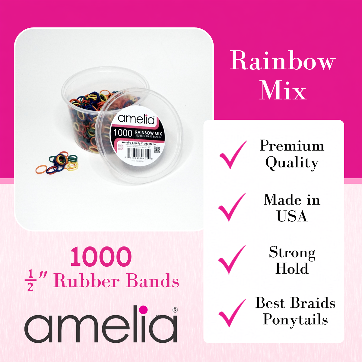 Amelia Beauty | 1000 Count, 1/2in Rainbow Mix Rubber Hair Bands | Made in USA | Ideal for Ponytails, Braids, Twists & Locs