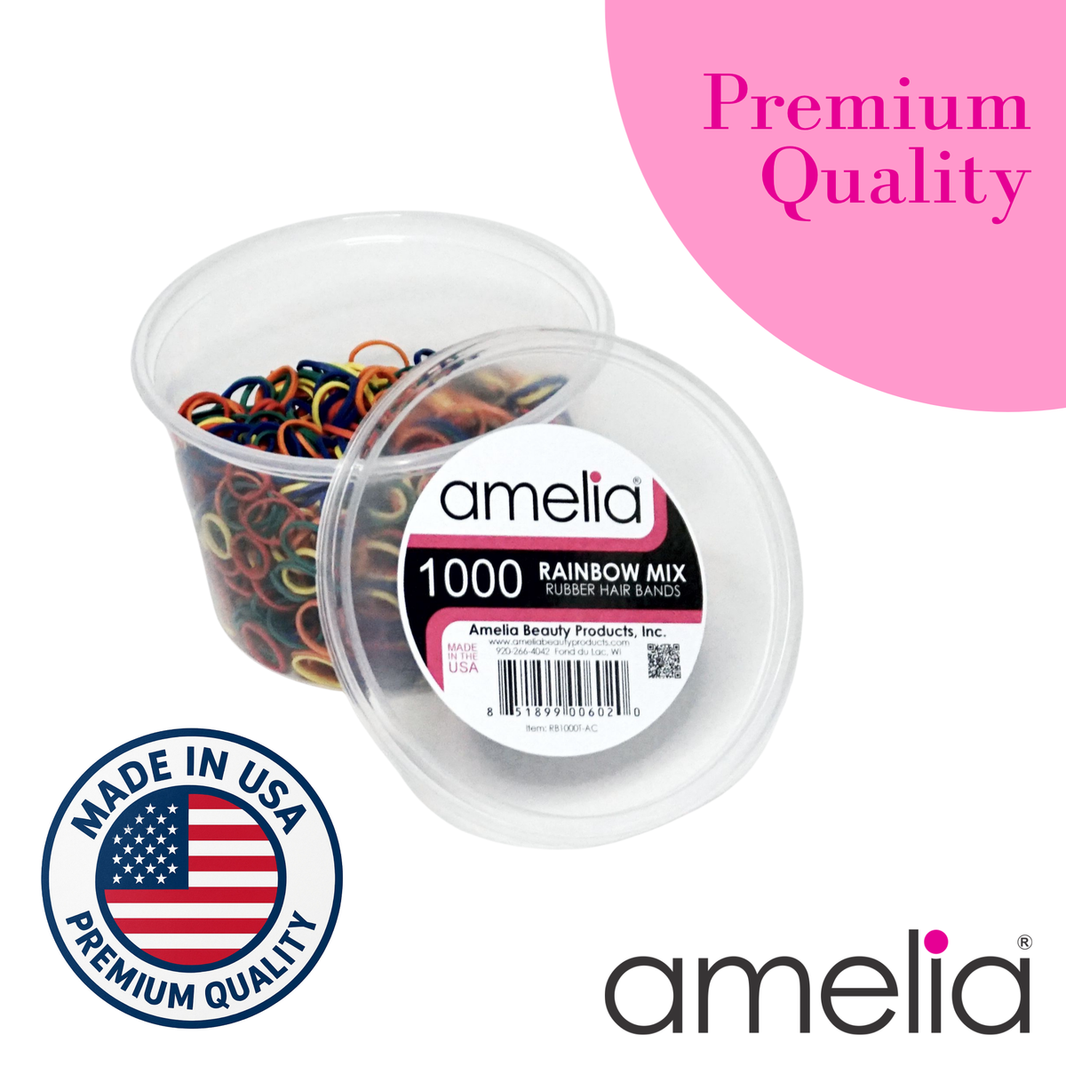 Amelia Beauty | 1000 Count, 1/2in Rainbow Mix Rubber Hair Bands | Made in USA | Ideal for Ponytails, Braids, Twists & Locs