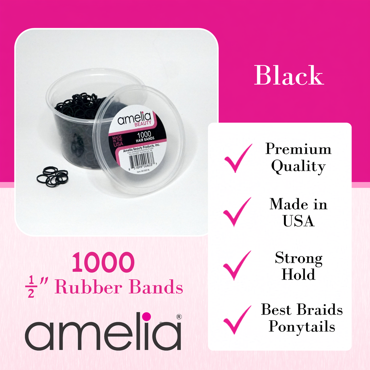 Amelia Beauty | 1000 Count, 1/2in Black Rubber Hair Bands | Made in USA | Ideal for Ponytails, Braids, Twists & Locs