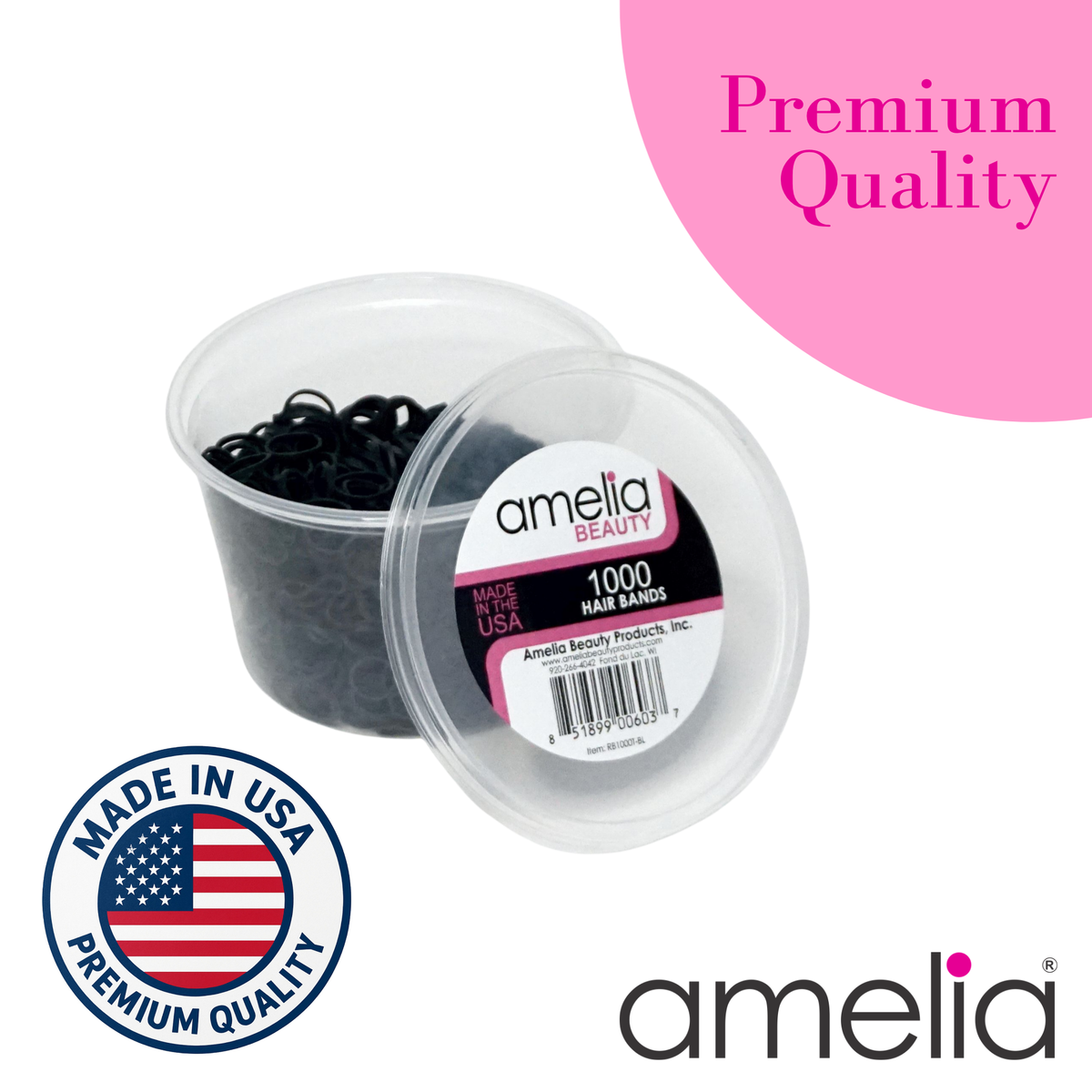 Amelia Beauty | 1000 Count, 1/2in Black Rubber Hair Bands | Made in USA | Ideal for Ponytails, Braids, Twists & Locs