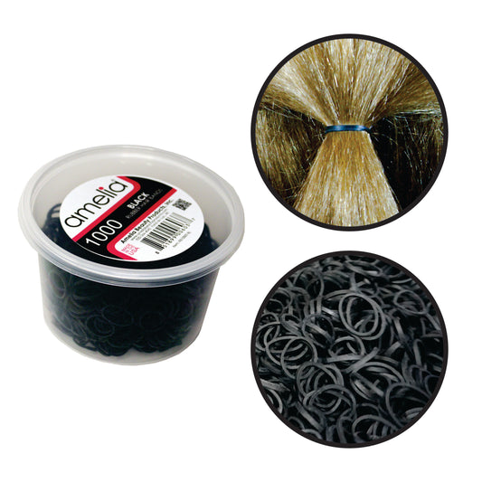 Amelia Beauty | 1/2in, Black, Elastic Rubber Band Pony Tail Holders | Made in USA, Ideal for Ponytails, Braids, Twists, Dreadlocks, Styling Accessories for Women, Men and Girls | 1000 Pack