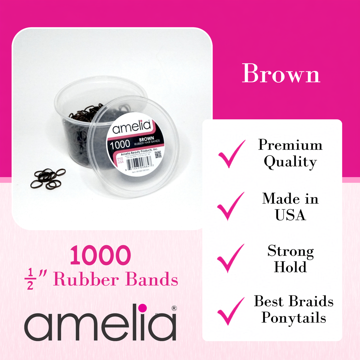 Amelia Beauty | 1000 Count, 1/2in Brown Rubber Hair Bands | Made in USA | Ideal for Ponytails, Braids, Twists & Locs