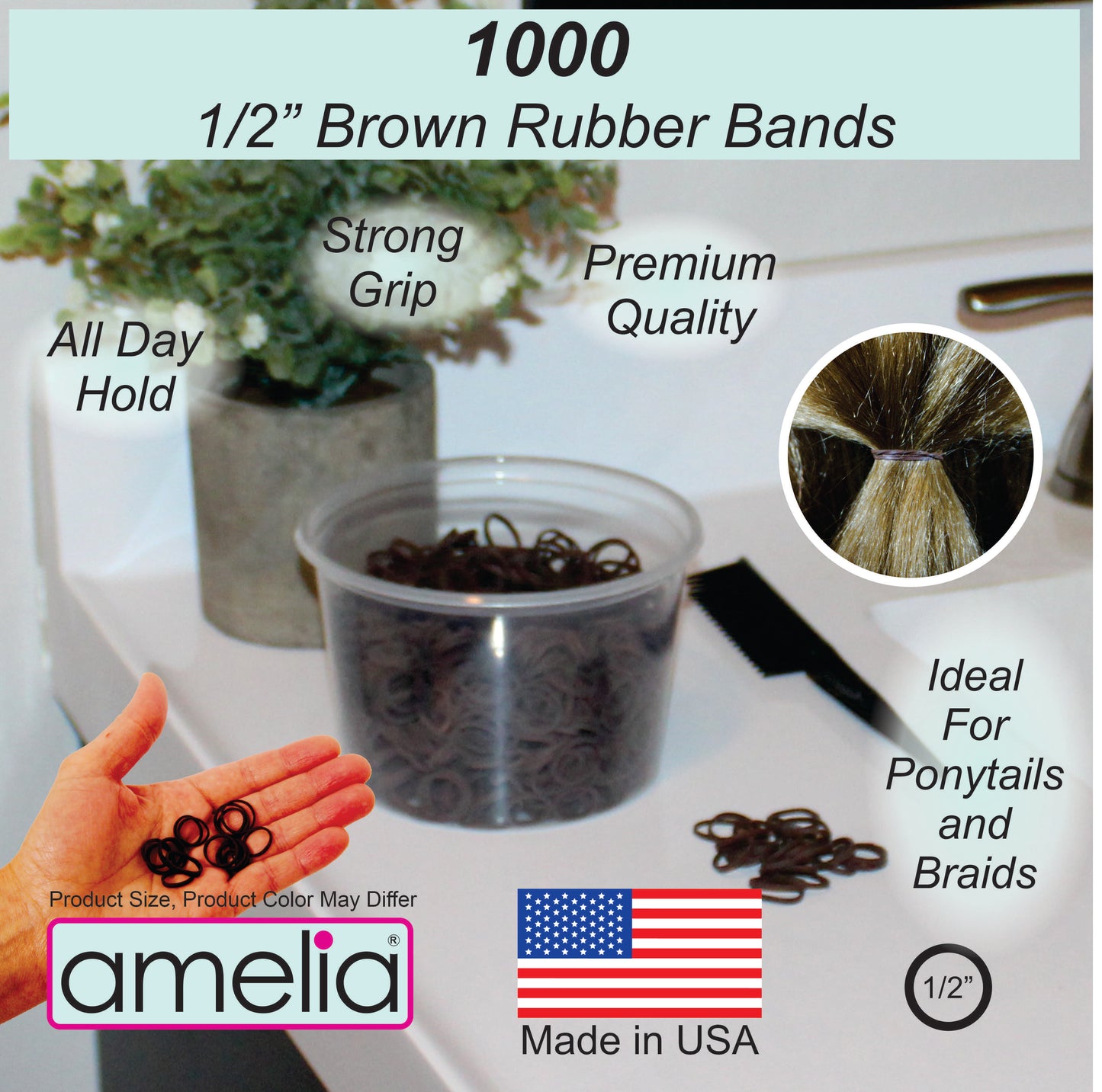 Amelia Beauty | 1/2in, Brown, Elastic Rubber Band Pony Tail Holders | Made in USA, Ideal for Ponytails, Braids, Twists, Dreadlocks, Styling Accessories for Women, Men and Girls | 1000 Pack