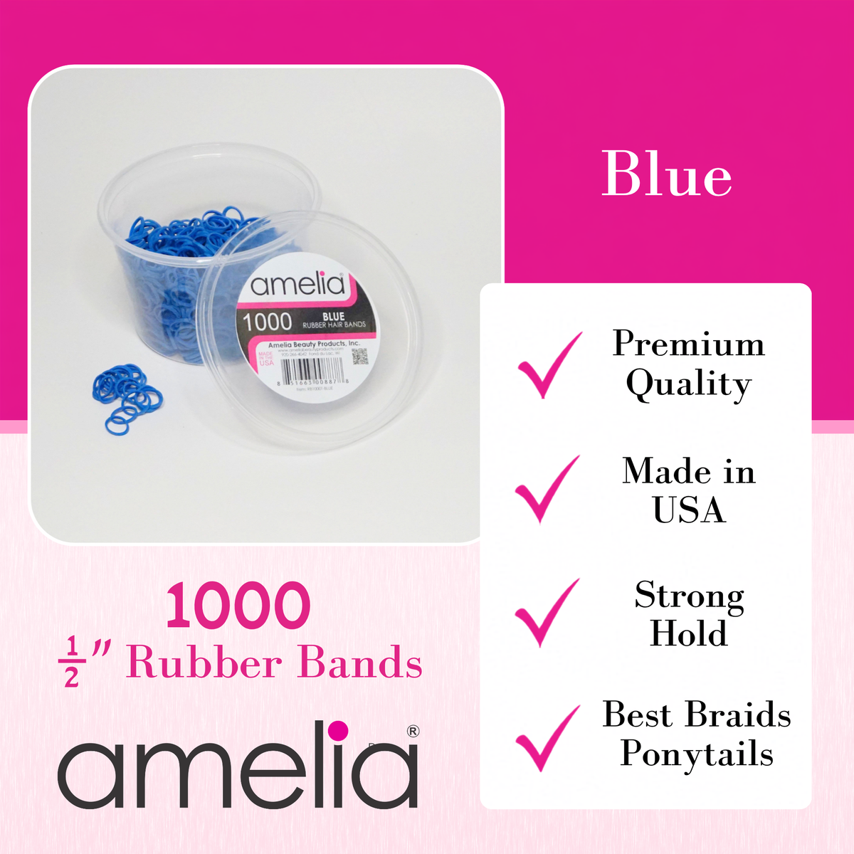 Amelia Beauty | 1000 Count, 1/2in Blue Rubber Hair Bands | Made in USA | Ideal for Ponytails, Braids, Twists & Locs
