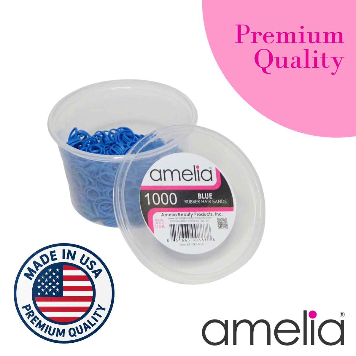 Amelia Beauty | 1000 Count, 1/2in Blue Rubber Hair Bands | Made in USA | Ideal for Ponytails, Braids, Twists & Locs