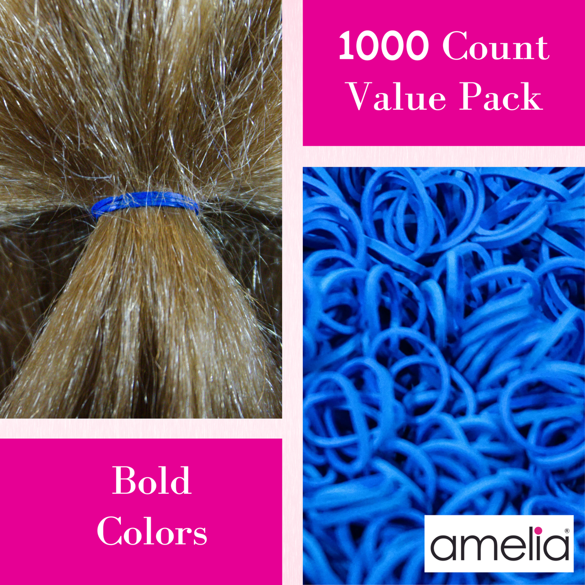 Amelia Beauty | 1000 Count, 1/2in Blue Rubber Hair Bands | Made in USA | Ideal for Ponytails, Braids, Twists & Locs
