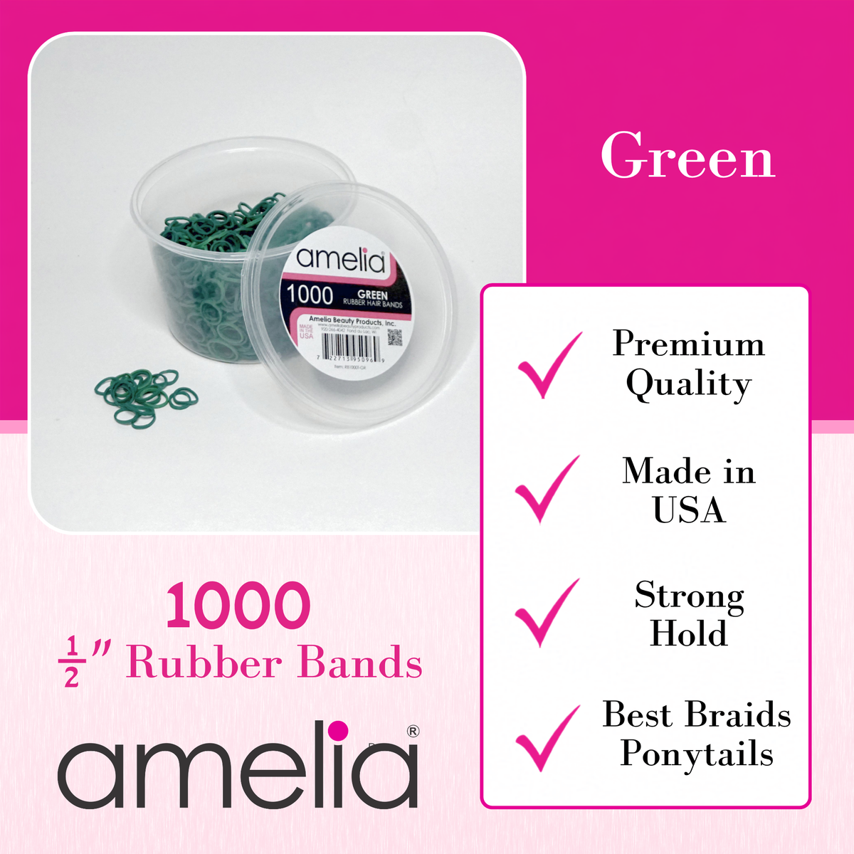 Amelia Beauty | 1000 Count, 1/2in Green Rubber Hair Bands | Made in USA | Ideal for Ponytails, Braids, Twists & Locs