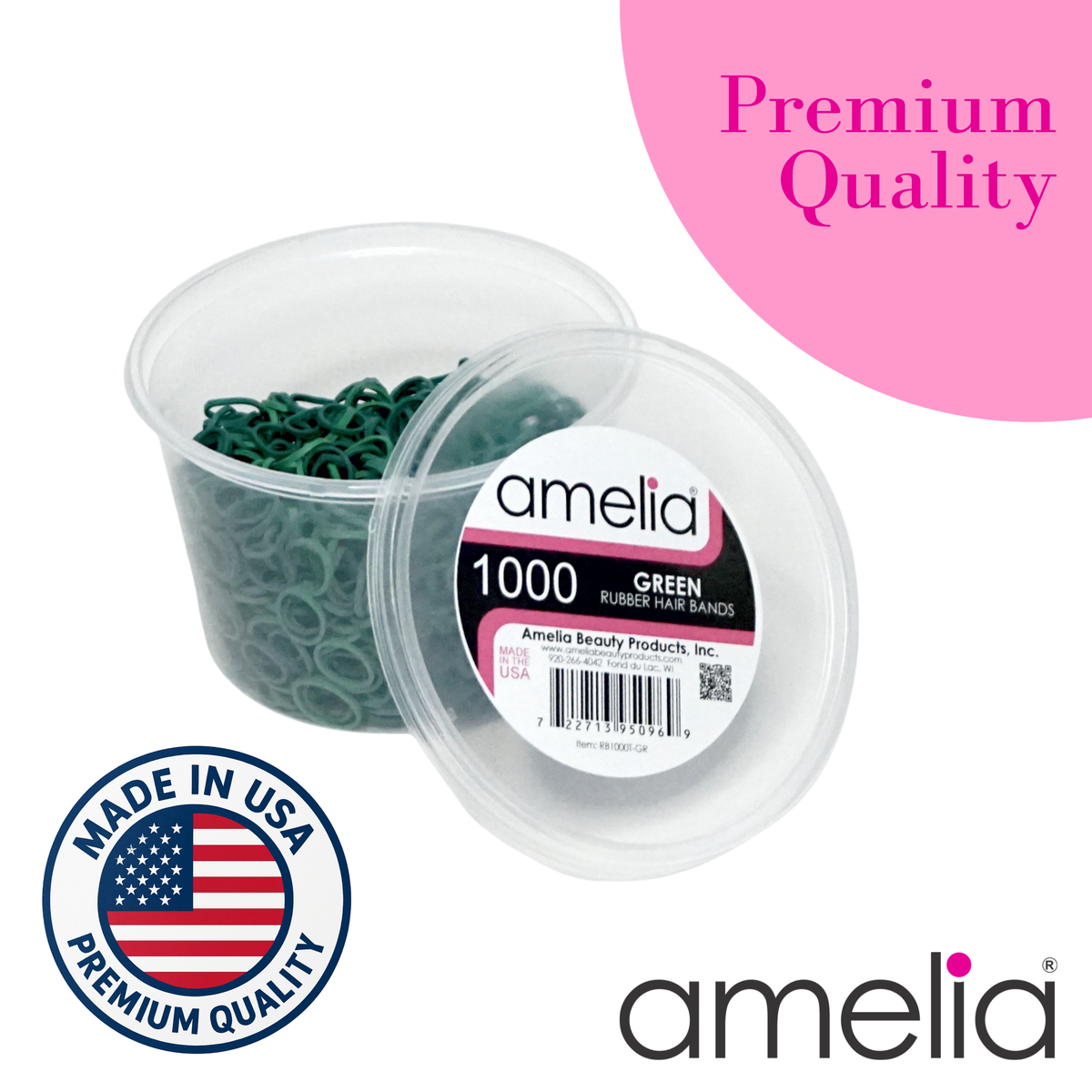 Amelia Beauty | 1000 Count, 1/2in Green Rubber Hair Bands | Made in USA | Ideal for Ponytails, Braids, Twists & Locs