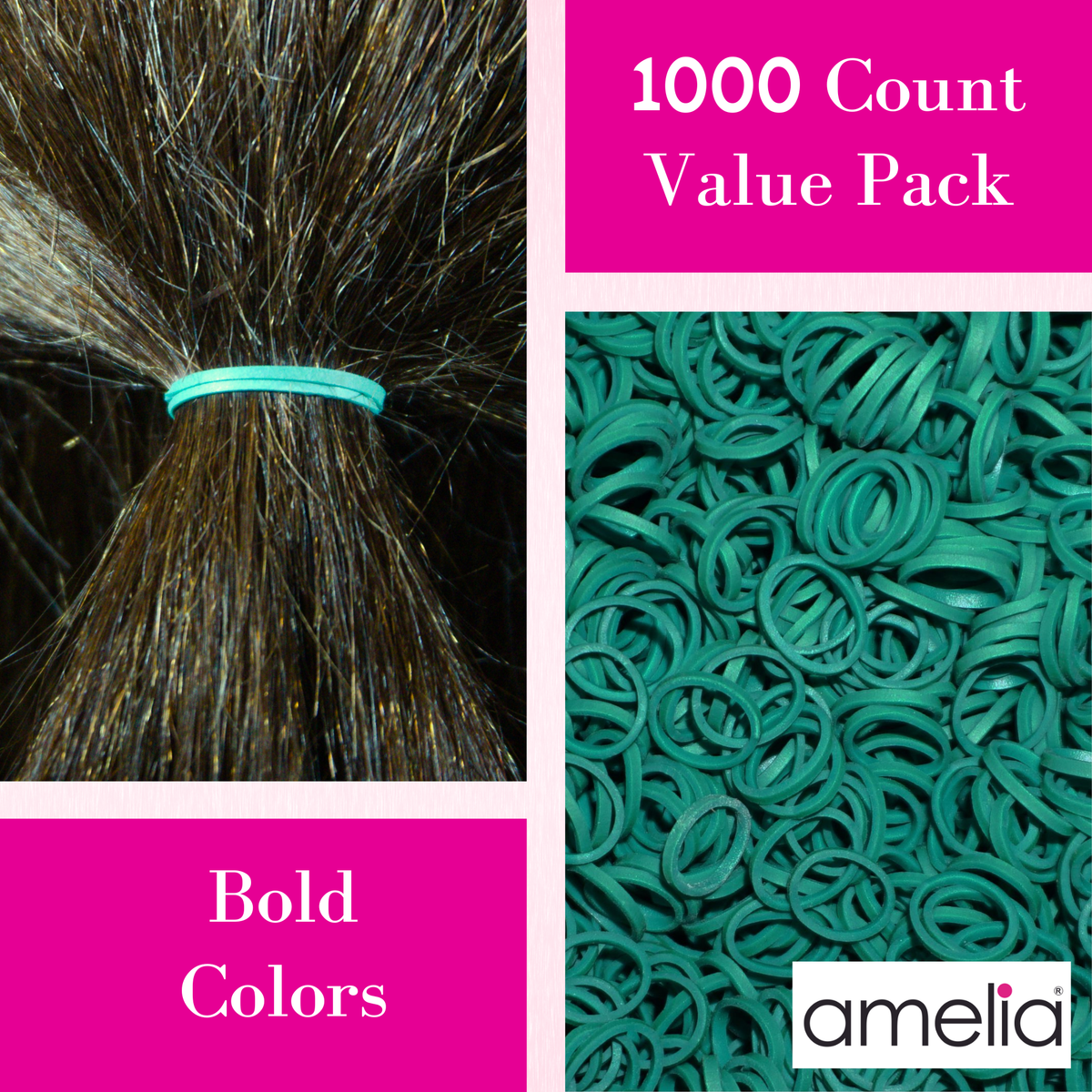 Amelia Beauty | 1000 Count, 1/2in Green Rubber Hair Bands | Made in USA | Ideal for Ponytails, Braids, Twists & Locs