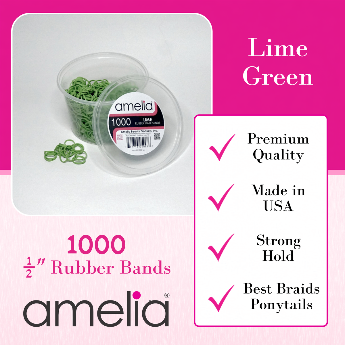 Amelia Beauty | 1000 Count, 1/2in Lime Rubber Hair Bands | Made in USA | Ideal for Ponytails, Braids, Twists & Locs