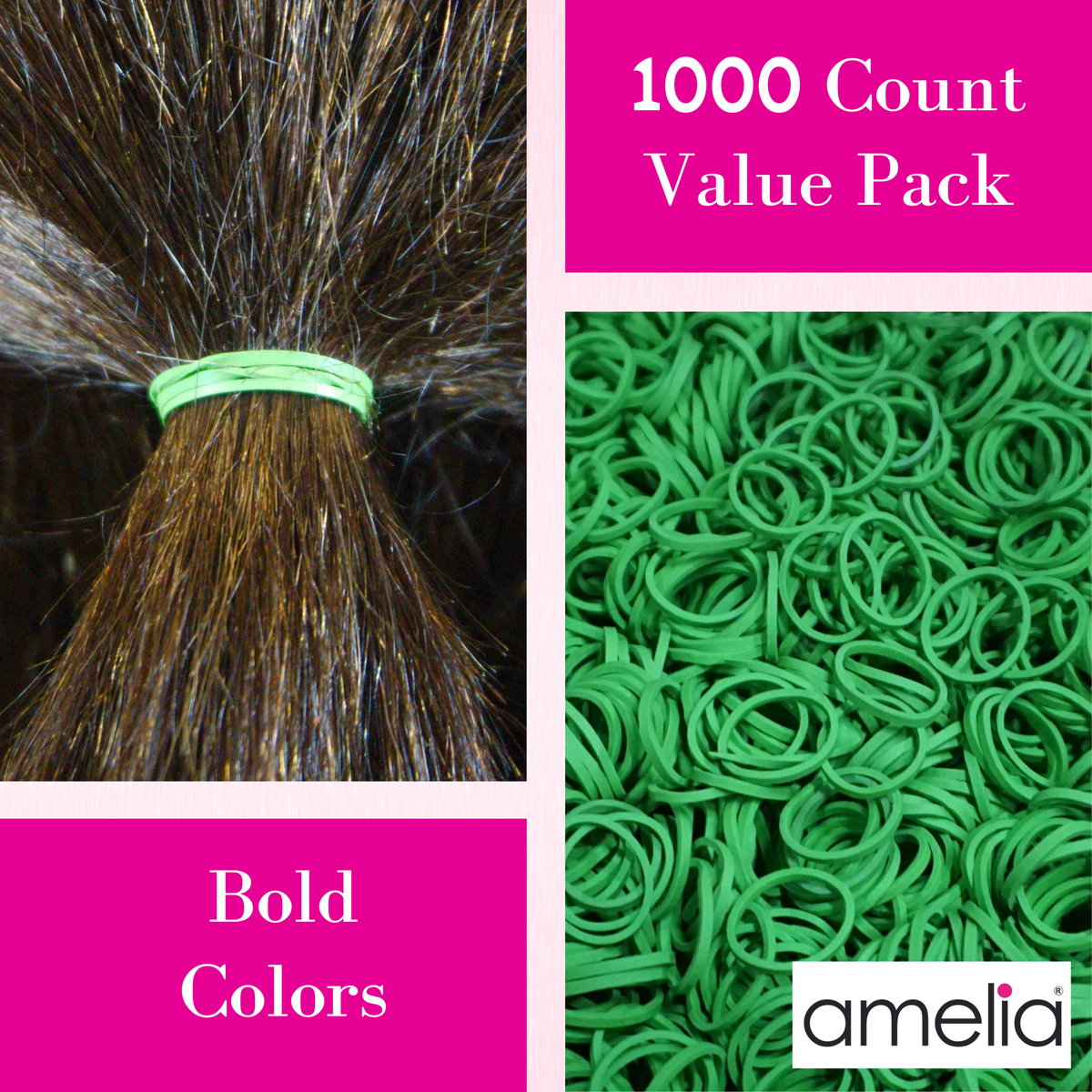Amelia Beauty | 1000 Count, 1/2in Lime Rubber Hair Bands | Made in USA | Ideal for Ponytails, Braids, Twists & Locs