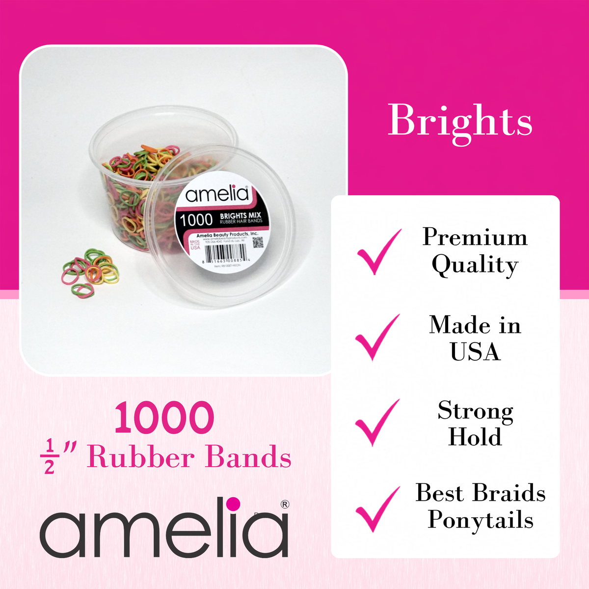 Amelia Beauty | 1000 Count, 1/2in Brights Mix Rubber Hair Bands | Made in USA | Ideal for Ponytails, Braids, Twists & Locs