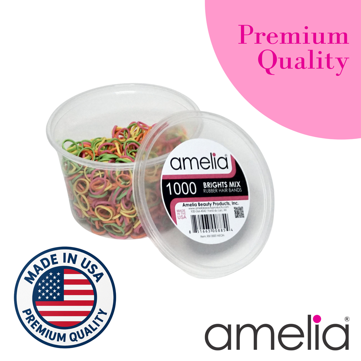 Amelia Beauty | 1000 Count, 1/2in Brights Mix Rubber Hair Bands | Made in USA | Ideal for Ponytails, Braids, Twists & Locs