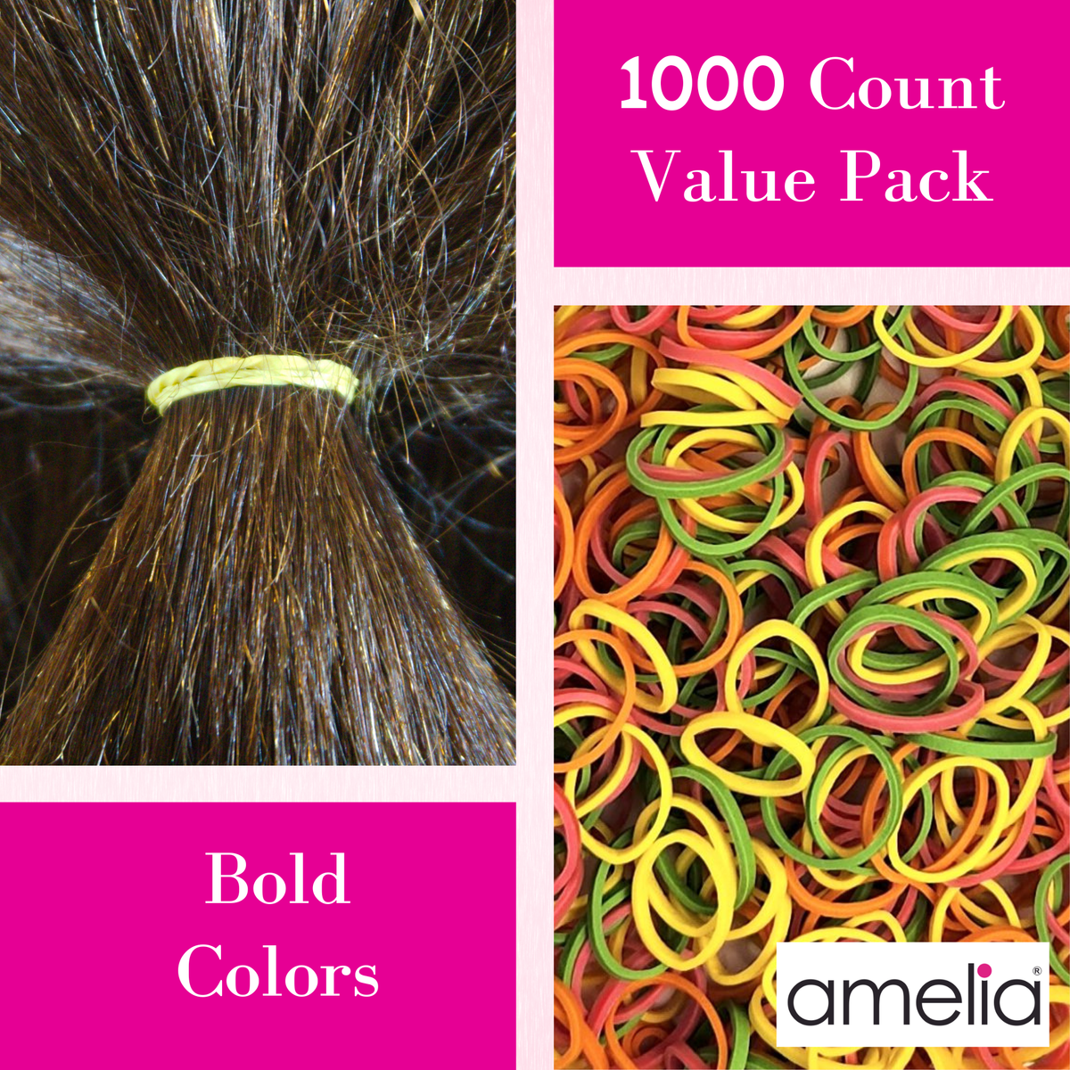 Amelia Beauty | 1000 Count, 1/2in Brights Mix Rubber Hair Bands | Made in USA | Ideal for Ponytails, Braids, Twists & Locs
