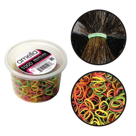 Amelia Beauty | 1/2in, Brights Neon Mix, Elastic Rubber Band Pony Tail Holders | Made in USA, Ideal for Ponytails, Braids, Twists, Dreadlocks, Styling Accessories for Women, Men and Girls | 1000 Pack