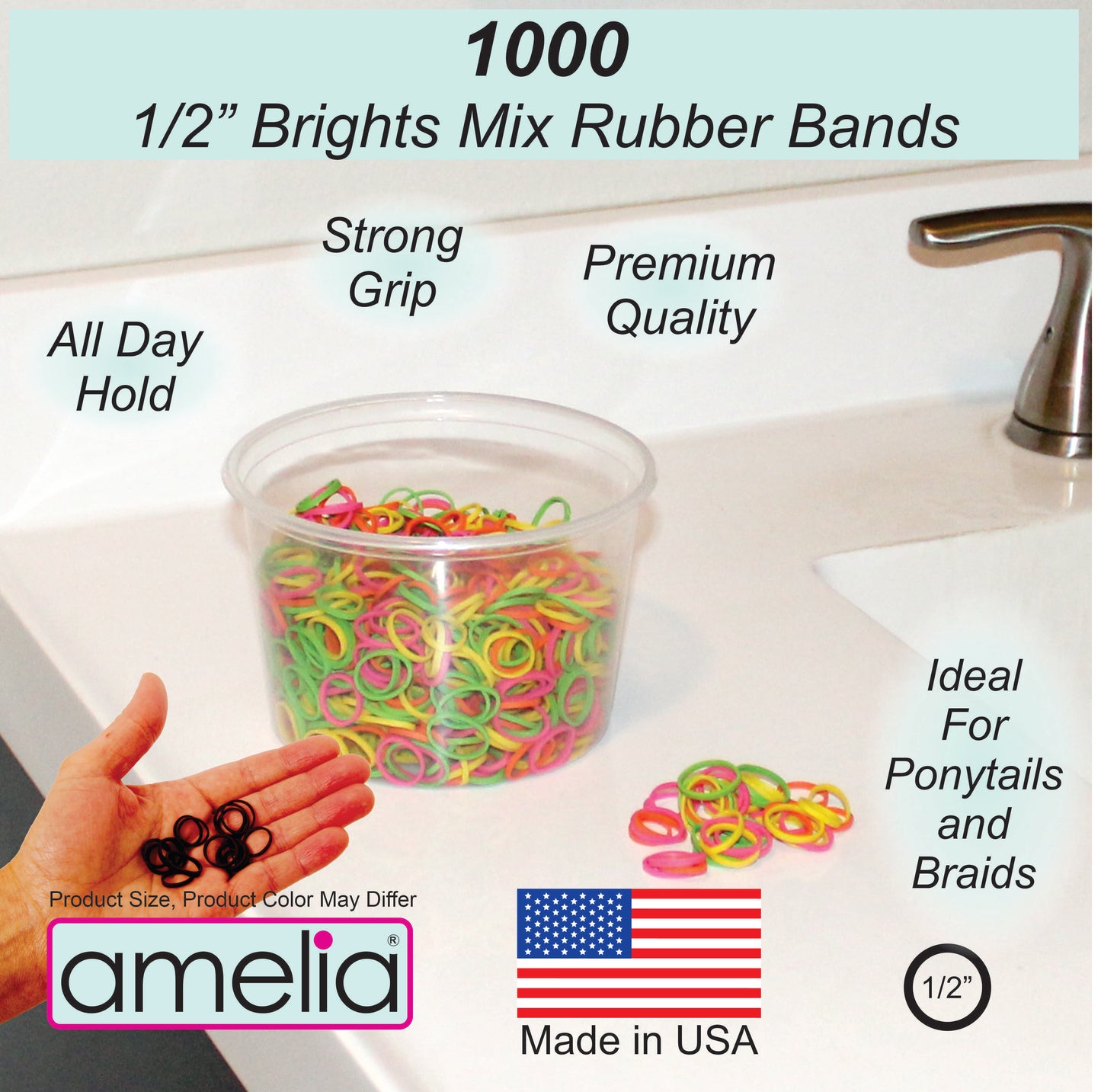 Amelia Beauty | 1/2in, Brights Neon Mix, Elastic Rubber Band Pony Tail Holders | Made in USA, Ideal for Ponytails, Braids, Twists, Dreadlocks, Styling Accessories for Women, Men and Girls | 1000 Pack